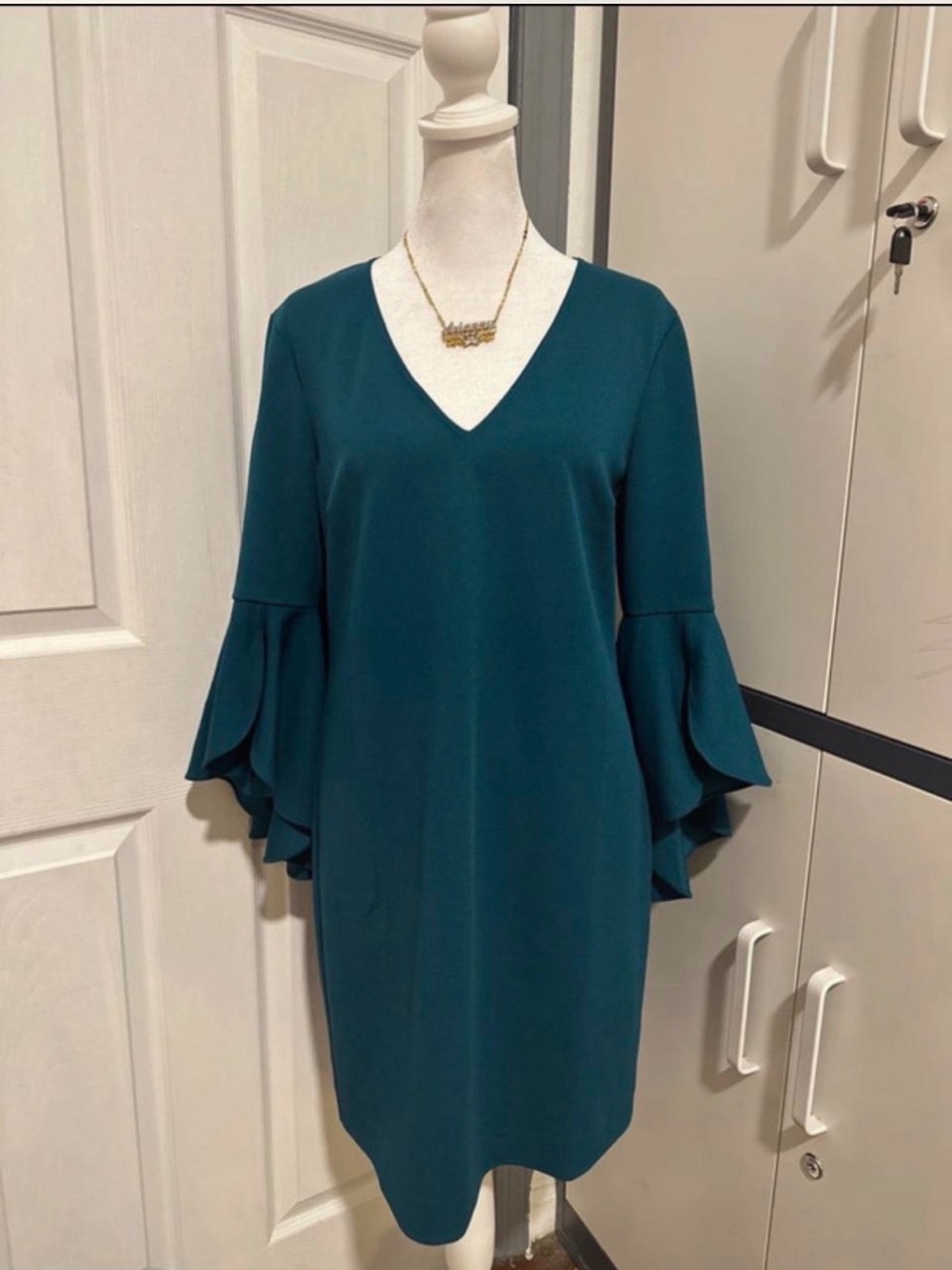 Trina Turk Teal V-Neck Midi Dress with Ruffle Sleeves